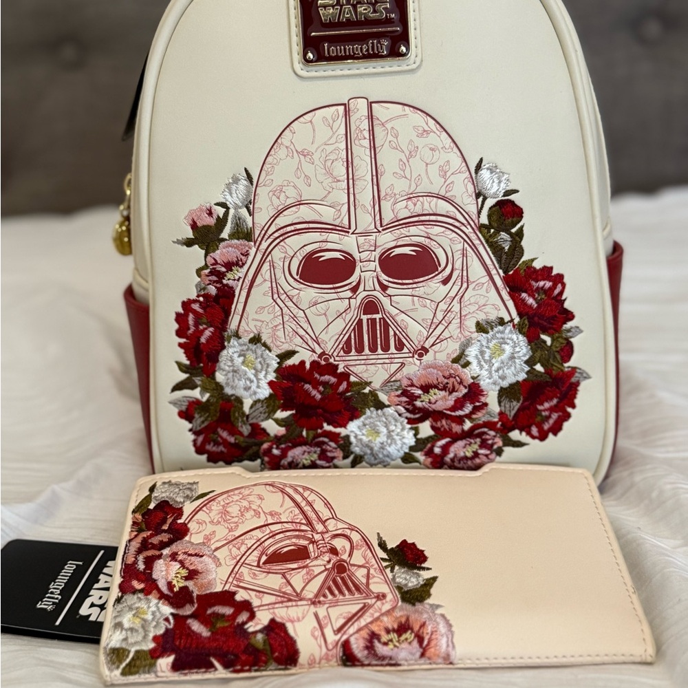 Loungefly Star Wars Darth Vader floral Cream and Red Backpack and Wallet set
